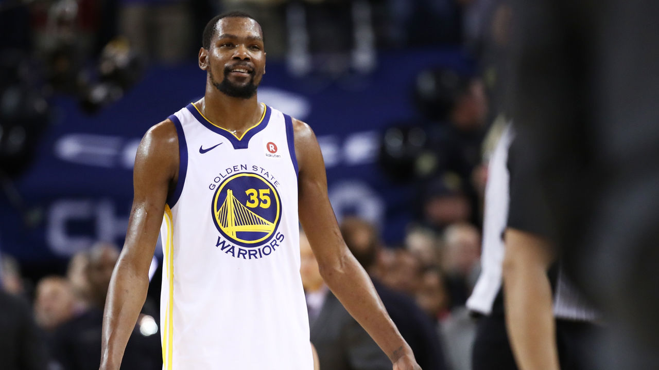 OAKLAND, CA - MAY 31: Kevin Durant #35 of the Golden State Warriors reacts against the Cleveland Cavaliers in Game 1 of the 2018 NBA Finals at ORACLE Arena on May 31, 2018 in Oakland, California.