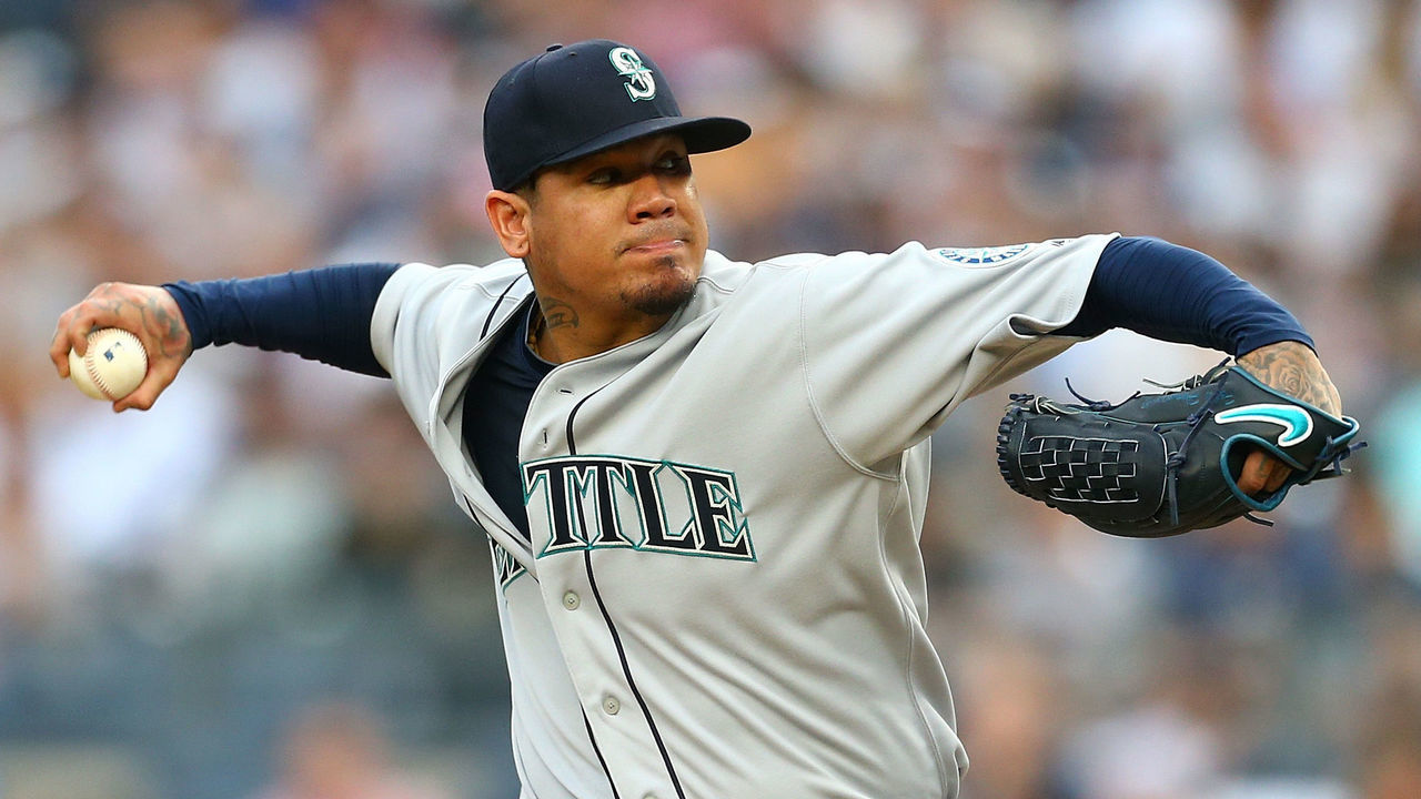 NEW YORK, NY - JUNE 20: Felix Hernandez #34 of the Seattle Mariners pitches in the first inning against the New York Yankees at Yankee Stadium on June 20, 2018 in the Bronx borough of New York City.