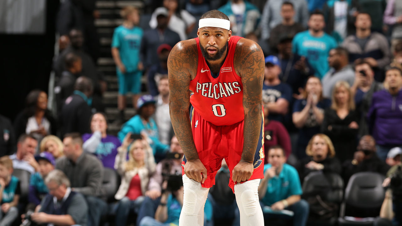 CHARLOTTE, NC - JANUARY 24: DeMarcus Cousins #0 of the New Orleans Pelicans looks on during the game against the Charlotte Hornets on January 24, 2018 at Spectrum Center in Charlotte, North Carolina. Mandatory Copyright Notice: Copyright 2018 NBAE