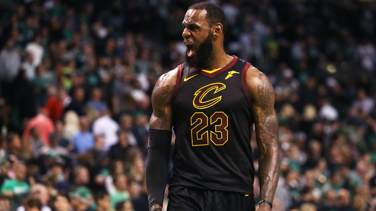 BOSTON, MA - MAY 27: LeBron James #23 of the Cleveland Cavaliers reacts during Game Seven of the 2018 NBA Eastern Conference Finals against the Boston Celtics at TD Garden on May 27, 2018 in Boston, Massachusetts.