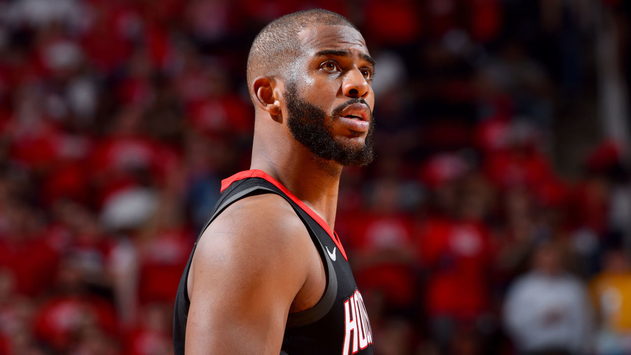 HOUSTON, TX - MAY 24: Chris Paul #3 of the Houston Rockets looks on during the game against the Golden State Warriors during Game Five of the Western Conference Finals of the 2018 NBA Playoffs on May 24, 2018 at the Toyota Center in Houston, Texas. Mandatory Copyright Notice: Copyright 2018 NBAE