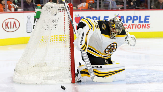 PHILADELPHIA, PA - APRIL 1: Anton Khudobin #35 of the Boston Bruins blocks a shot in the second period against the Philadelphia Flyers at Wells Fargo Center on April 1, 2018 in Philadelphia, Pennsylvania.