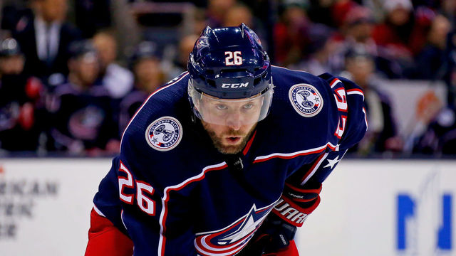COLUMBUS, OH - MARCH 12: Thomas Vanek #26 of the Columbus Blue Jackets lines up for a face-off during the game against the Montreal Canadiens on March 12, 2018 at Nationwide Arena in Columbus, Ohio.