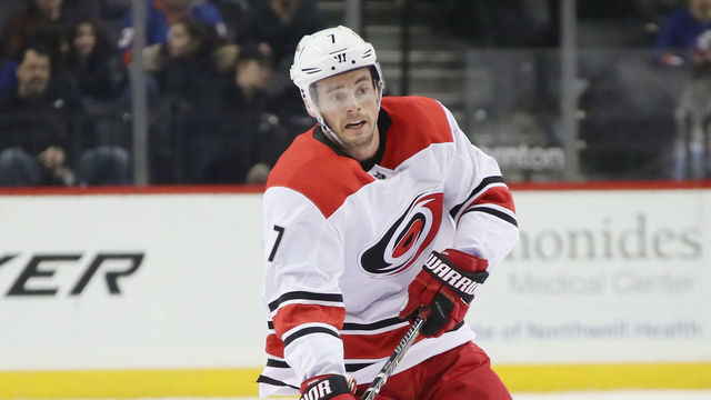 NEW YORK, NY - MARCH 18: Derek Ryan #7 of the Carolina Hurricanes skates against the New York Islanders at the Barclays Center on March 18, 2018 in the Brooklyn borough of New York City.