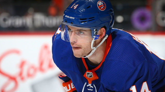 NEW YORK, NY - APRIL 03: Thomas Hickey #14 of the New York Islanders skates against the Philadelphia Flyers at Barclays Center on April 3, 2018 in New York City. New York Islanders defeated the Philadelphia Flyers 5-4.