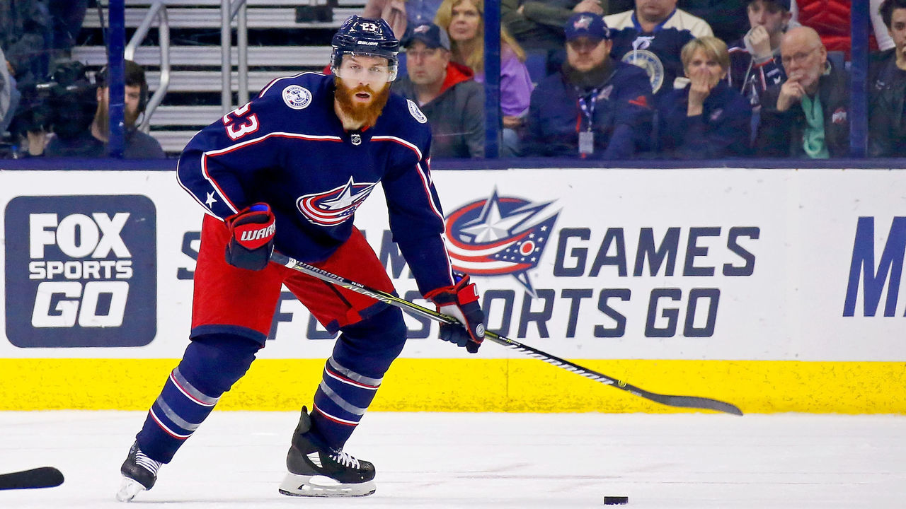 COLUMBUS, OH - APRIL 5: Ian Cole #23 of the Columbus Blue Jackets controls the puck during the game against the Pittsburgh Penguins on April 5, 2018 at Nationwide Arena in Columbus, Ohio. *** Local Caption *** Ian Cole