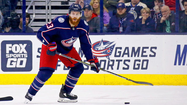COLUMBUS, OH - APRIL 5: Ian Cole #23 of the Columbus Blue Jackets controls the puck during the game against the Pittsburgh Penguins on April 5, 2018 at Nationwide Arena in Columbus, Ohio. *** Local Caption *** Ian Cole