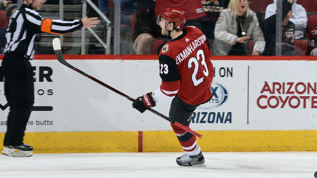 GLENDALE, AZ - MARCH 19: Oliver Ekman-Larsson #23 of the Arizona Coyotes reacts after scoring a goal against the Calgary Flames during the third period at Gila River Arena on March 19, 2018 in Glendale, Arizona. It was Ekman-Larsson's 100th career NHL goal.