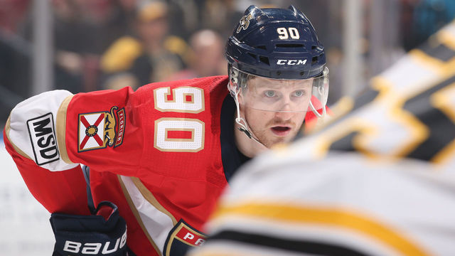 SUNRISE, FL - APRIL 5: Jared McCann #90 of the Florida Panthers prepares for a face-off against the Boston Bruins at the BB&T Center on April 5, 2018 in Sunrise, Florida. McCann scored the game winning goal in the third period. The Panthers defeated the Bruins 3-2. *** Local Caption *** xx