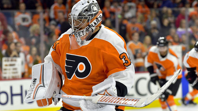 PHILADELPHIA, PA - APRIL 15: Philadelphia Flyers goaltender Petr Mrazek (34) warms up before the NHL game between the Pittsburgh Penguins and the Philadelphia Flyers on April 15, 2018 at the Wells Fargo Center in Philadelphia PA.
