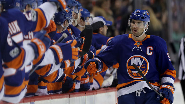 NEW YORK, NEW YORK - DECEMBER 16: John Tavares #91 of the New York Islanders celebrates his goal in the third period against the Los Angeles Kings on December 16, 2017 at Barclays Center in the Brooklyn borough of New York City.