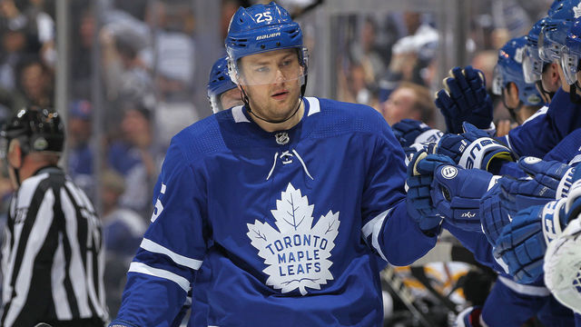 TORONTO, ON - APRIL 16: James van Riemsdyk #25 of the Toronto Maple Leafs celebrates a goal against the Boston Bruins in Game Three of the Eastern Conference First Round during the 2018 Stanley Cup Play-offs at the Air Canada Centre on April 16, 2018 in Toronto, Ontario, Canada.