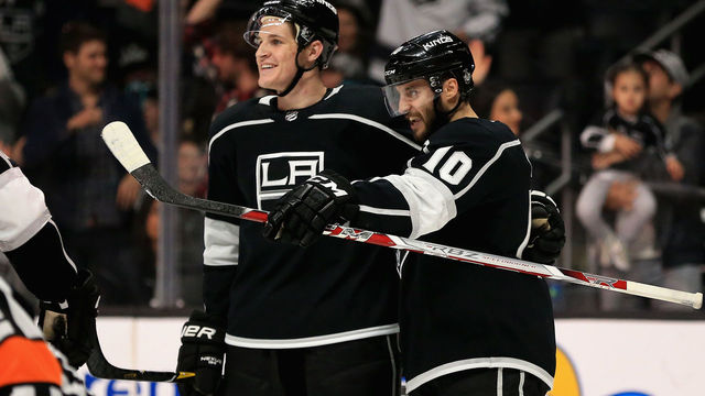 LOS ANGELES, CA - APRIL 05: Tobias Rieder #10 congratulates Daniel Brickley #78 of the Los Angeles Kings after he scored a goal during the second period of a game against the Minnesota Wild at Staples Center on April 5, 2018 in Los Angeles, California.