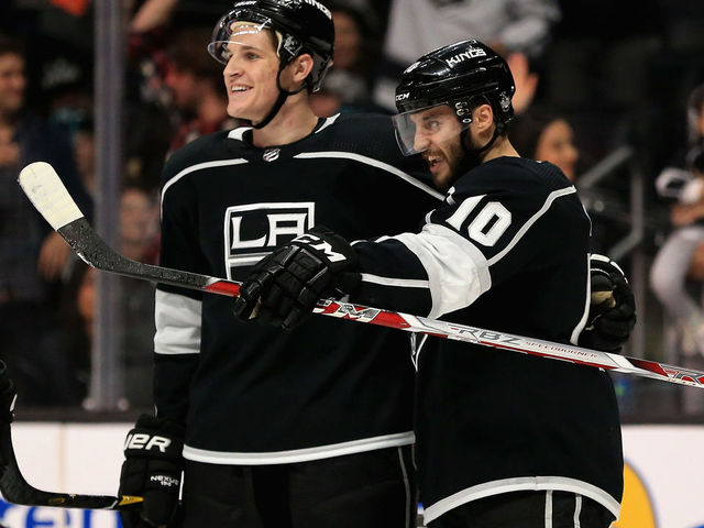 LOS ANGELES, CA - APRIL 05: Tobias Rieder #10 congratulates Daniel Brickley #78 of the Los Angeles Kings after he scored a goal during the second period of a game against the Minnesota Wild at Staples Center on April 5, 2018 in Los Angeles, California.