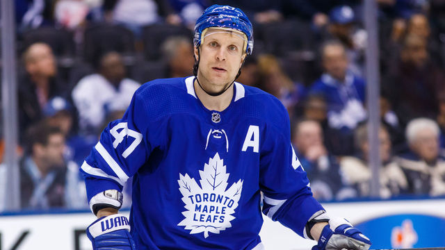 TORONTO, ON - MARCH 31: Leo Komarov #47 of the Toronto Maple Leafs looks on against the Winnipeg Jets during the second period at the Air Canada Centre on March 31, 2018 in Toronto, Ontario, Canada.