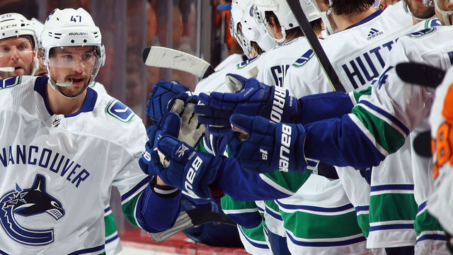 PHILADELPHIA, PA - NOVEMBER 21: Sven Baertschi #47 of the Vancouver Canucks celebrates his powerplay goal at 10:40 of the second period against the Philadelphia Flyers at the Wells Fargo Center on November 21, 2017 in Philadelphia, Pennsylvania.