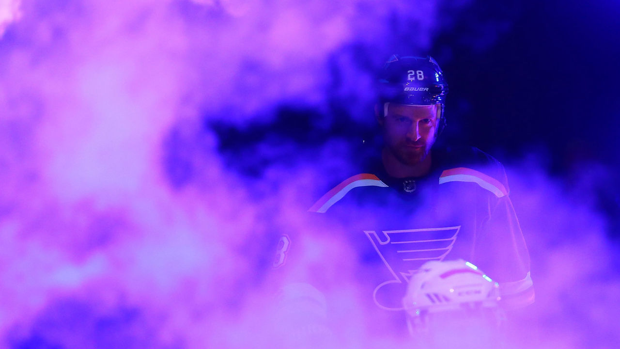 ST. LOUIS, MO - OCTOBER 7: Kyle Brodziak #28 \os]\ is introduced prior to playing against the Dallas Stars at the Scottrade Center on October 7, 2017 in St. Louis, Missouri.
