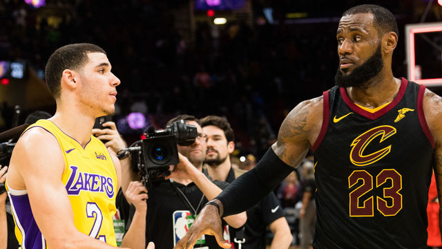 CLEVELAND, OH - DECEMBER 14: Lonzo Ball #2 of the Los Angeles Lakers shakes hands with LeBron James #23 of the Cleveland Cavaliers after the game at Quicken Loans Arena on December 14, 2017 in Cleveland, Ohio. The Cavaliers defeated the Lakers 121-112.