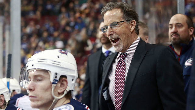 VANCOUVER, BC - MARCH 31: Head coach John Tortorella of the Columbus Blue Jackets looks on from the bench during their NHL game against the Vancouver Canucks at Rogers Arena March 31, 2018 in Vancouver, British Columbia, Canada. 'n