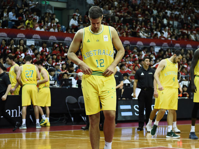 CHIBA, JAPAN - JUNE 29: Daniel Kickert of Australia looks dejected during the FIBA World Cup Asian Qualifier Group B match between Japan and Australia at Chiba Port Arena on June 29, 2018 in Chiba, Japan.