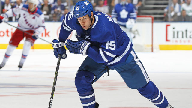 TORONTO, ON - OCTOBER 7: Matt Martin #15 of the Toronto Maple Leafs skates against the New York Rangers in an NHL game at the Air Canada Centre on October 7, 2017 in Toronto, Ontario. The Maple Leafs defeated the Rangers 8-5.