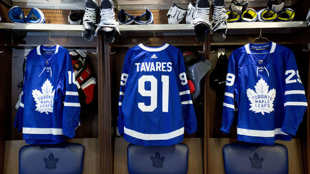 TORONTO, ON - JULY 1 - John Tavares jersey (91) hangs in the leafs locker room. The Toronto Maple Leafs have signed John Tavares for seven years, $77 million. July 1, 2018. (Carlos Osorio/Toronto Star via Getty Images)