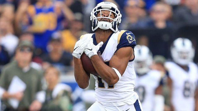 LOS ANGELES, CA - NOVEMBER 12: Robert Woods #17 of the Los Angeles Rams catches the pass and runs to the end zone for a touchdown during the game against the Houston Texans at the Los Angeles Memorial Coliseum on November 12, 2017 in Los Angeles, California.