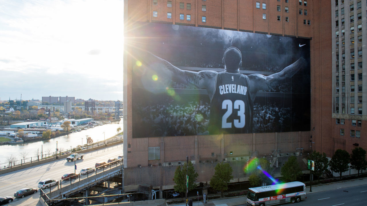 CLEVELAND, OH - OCTOBER 30: A general view of a new LeBron James banner outside Quicken Loans Arena before a game between the Cleveland Cavaliers and the New York Knicks on October 30, 2014 in Cleveland, Ohio.