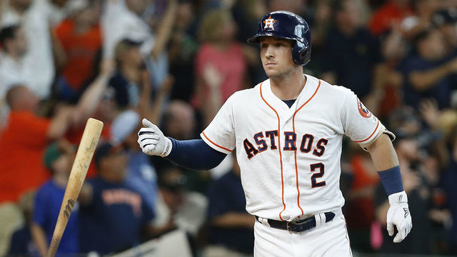 HOUSTON, TX - JUNE 27: Alex Bregman #2 of the Houston Astros flips his bat after hitting a walk-off, two-run home run in the ninth inning to give the Houston Astros a 7-6 win over the Toronto Blue Jays at Minute Maid Park on June 27, 2018 in Houston, Texas.