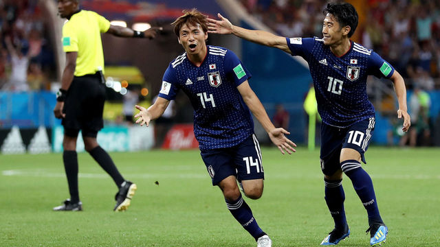 ROSTOV-ON-DON, RUSSIA - JULY 02: Takashi Inui of Japan celebrates after scoring his team's second goal during the 2018 FIFA World Cup Russia Round of 16 match between Belgium and Japan at Rostov Arena on July 2, 2018 in Rostov-on-Don, Russia.