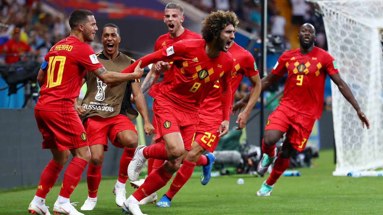 ROSTOV-ON-DON, RUSSIA - JULY 02: Marouane Fellaini of Belgium celebrates with team mates after scoring his team's second goal during the 2018 FIFA World Cup Russia Round of 16 match between Belgium and Japan at Rostov Arena on July 2, 2018 in Rostov-on-Don, Russia.