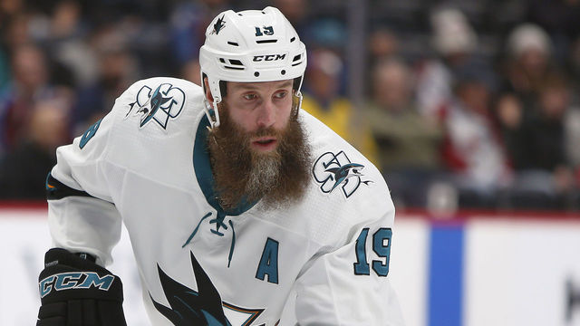 DENVER, CO - JANUARY 18: San Jose Sharks center Joe Thornton (19) waits for a face-off during a regular season game between the Colorado Avalanche and the visiting San Jose Sharks on January 18, 2018 at the Pepsi Center in Denver, CO.