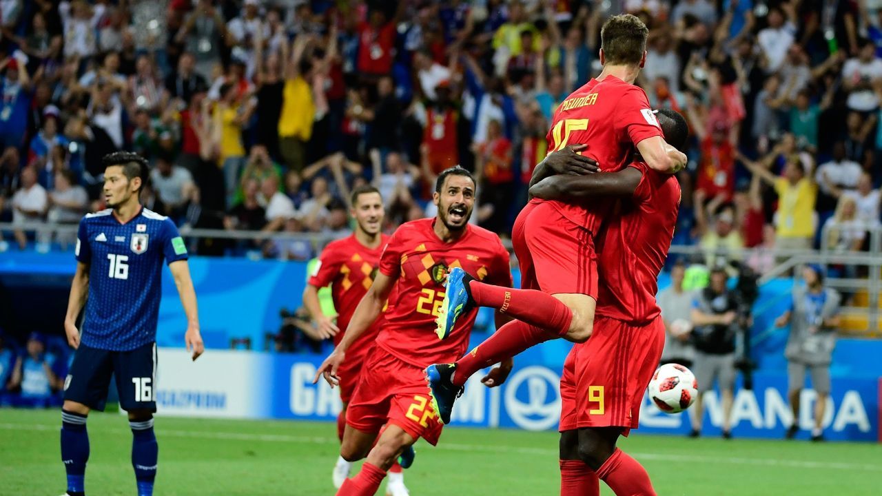 Belgium's midfielder Nacer Chadli (C) celebrates with teammates after scoring his team's third goal during the Russia 2018 World Cup round of 16 football match between Belgium and Japan at the Rostov Arena in Rostov-On-Don on July 2, 2018.