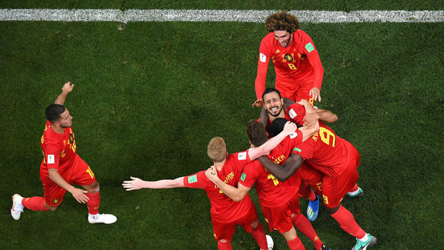 ROSTOV-ON-DON, RUSSIA - JULY 02: Nacer Chadli of Belgium celebrates after scoring his team's third goal with team mates during the 2018 FIFA World Cup Russia Round of 16 match between Belgium and Japan at Rostov Arena on July 2, 2018 in Rostov-on-Don, Russia.