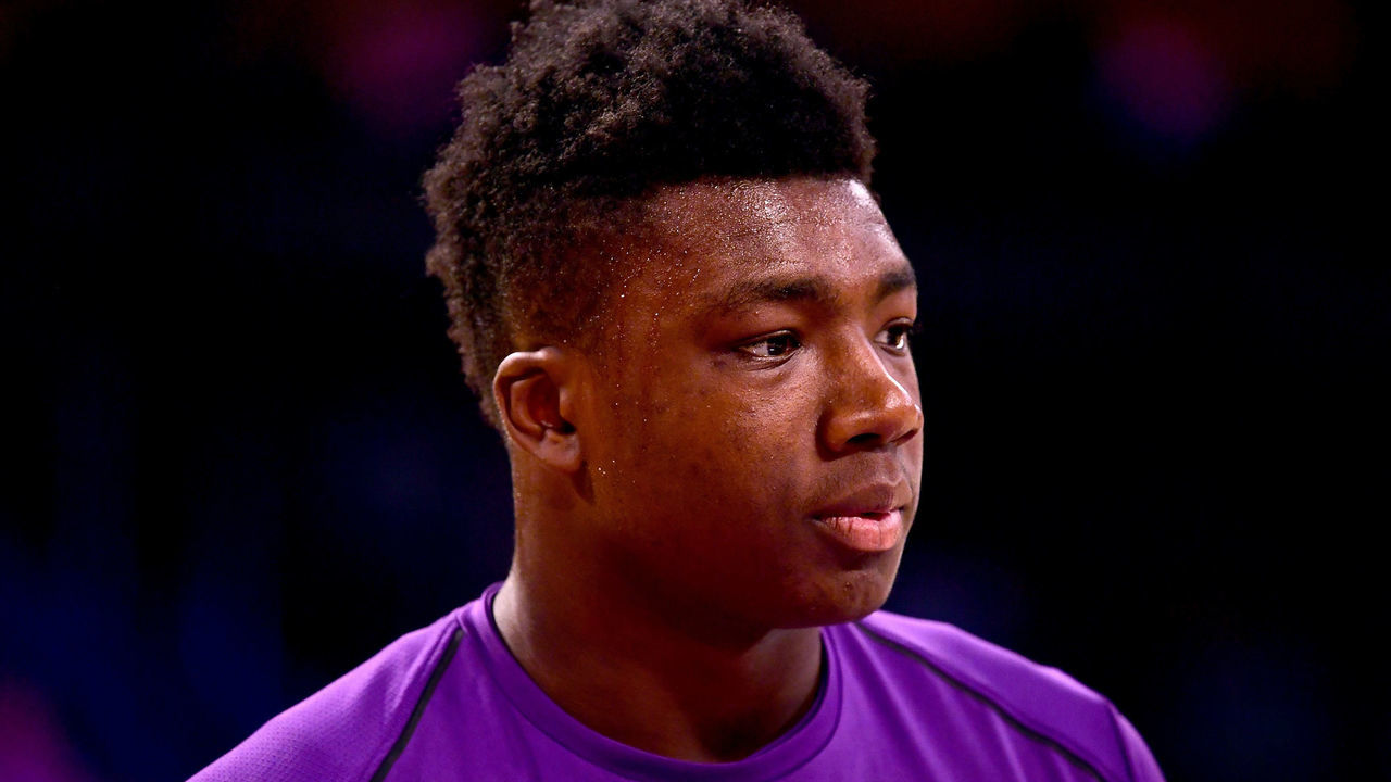 LOS ANGELES, CA - OCTOBER 10: Thomas Bryant #31 of the Los Angeles Lakers during warm up before the game against the Utah Jazz at Staples Center on October 10, 2017 in Los Angeles, California.