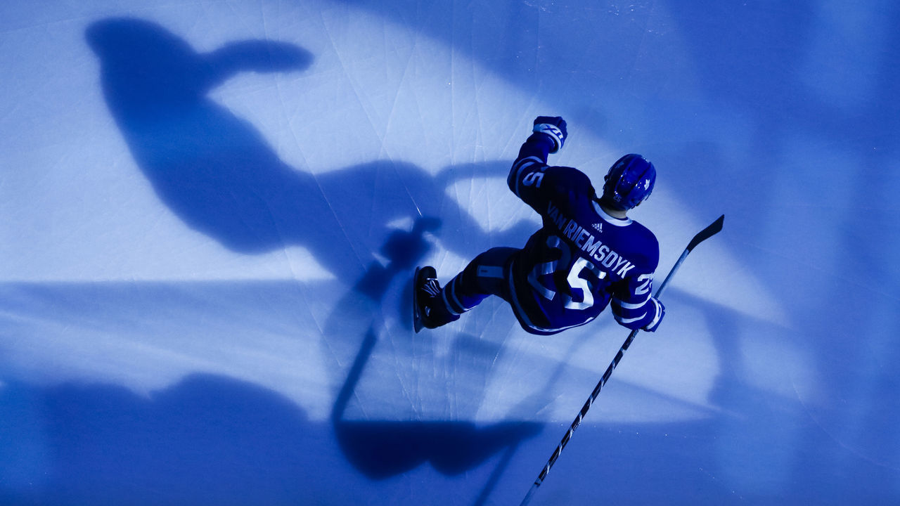 TORONTO, ON - APRIL 7: James van Riemsdyk #25 of the Toronto Maple Leafs takes the ice against the Montreal Canadiens at the Air Canada Centre on April 7, 2018 in Toronto, Ontario, Canada.