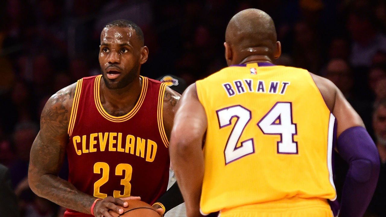 LOS ANGELES, CA - MARCH 10: LeBron James #23 of the Cleveland Cavaliers and Kobe Bryant #24 of the Los Angeles Lakers match up during the first half at Staples Center on March 10, 2016 in Los Angeles, California. NOTE TO USER: User expressly acknowledges and agrees that, by downloading and or using this Photograph, user is consenting to the terms and condition of the Getty Images License Agreement.