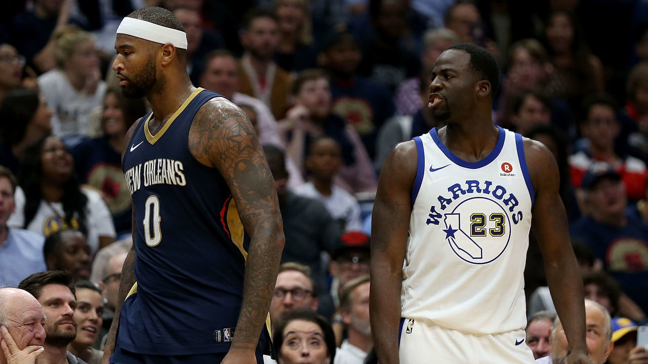 NEW ORLEANS, LA - OCTOBER 20: DeMarcus Cousins #0 of the New Orleans Pelicans and Draymond Green #23 of the Golden State Warriors exchange words during a game at Smoothie King Center on October 20, 2017 in New Orleans, Louisiana.