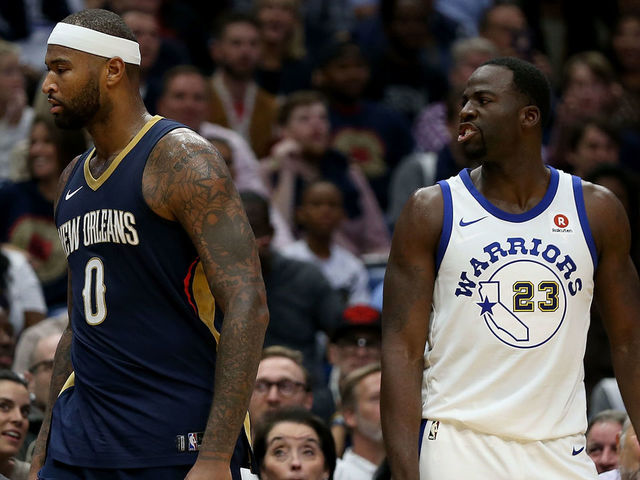 NEW ORLEANS, LA - OCTOBER 20: DeMarcus Cousins #0 of the New Orleans Pelicans and Draymond Green #23 of the Golden State Warriors exchange words during a game at Smoothie King Center on October 20, 2017 in New Orleans, Louisiana.