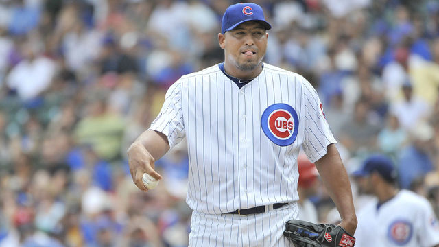 CHICAGO, IL - AUGUST 06: Starting pitcher Carlos Zabrano #38 of the Chicago Cubs stands on the mound durng the first inning against the Cincinnati Reds at Wrigley Field on August 6, 2011 in Chicago, Illinois.
