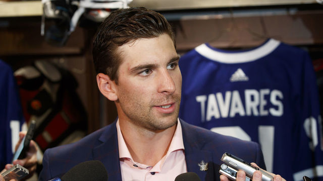 TORONTO, ON - JULY 1: John Tavares #91 of the Toronto Maple Leafs, speaks to the media after he signed with the Toronto Maple Leafs, at the Scotiabank Arena on July 1, 2018 in Toronto, Ontario, Canada.