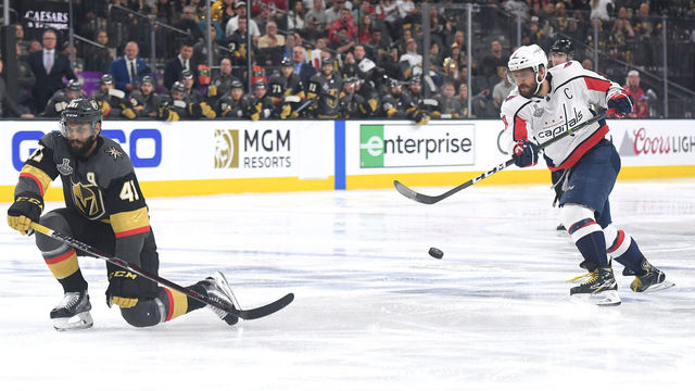 LAS VEGAS, NV - JUNE 07: Alex Ovechkin #8 of the Washington Capitals takes a shot against the Washington Capitals during the second period in Game Five of the 2018 NHL Stanley Cup Final at T-Mobile Arena on June 7, 2018 in Las Vegas, Nevada.