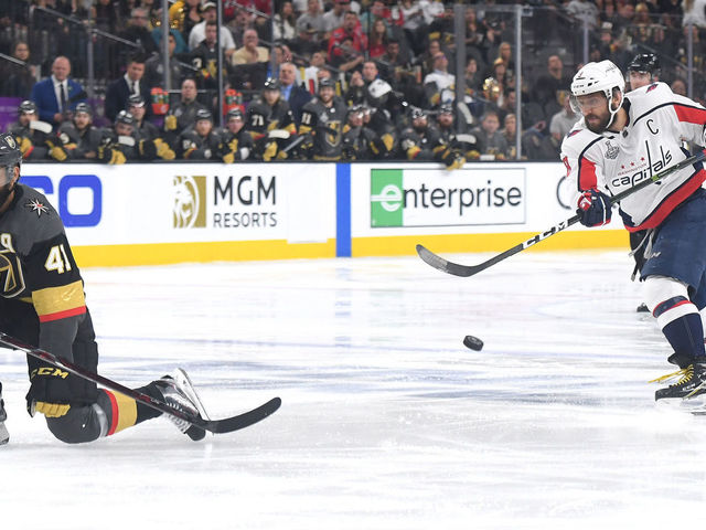 LAS VEGAS, NV - JUNE 07: Alex Ovechkin #8 of the Washington Capitals takes a shot against the Washington Capitals during the second period in Game Five of the 2018 NHL Stanley Cup Final at T-Mobile Arena on June 7, 2018 in Las Vegas, Nevada.