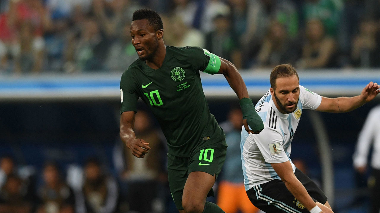 Nigeria's midfielder John Obi Mikel controls the ball during the Russia 2018 World Cup Group D football match between Nigeria and Argentina at the Saint Petersburg Stadium in Saint Petersburg on June 26, 2018.