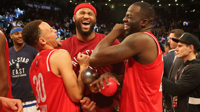 TORONTO, CANADA - FEBRUARY 14: Stephen Curry #30, DeMarcus Cousins #15 and Draymond Green #23 of the Western Conference smile and laugh together after the NBA All-Star Game as part of the 2016 NBA All-Star Weekend on February 14, 2016 at Air Canada Centre in Toronto, Ontario, Canada. NOTE TO USER: User expressly acknowledges and agrees that, by downloading and/or using this photograph, user is consenting to the terms and conditions of the Getty Images License Agreement. Mandatory. Copyright 2016 NBAE