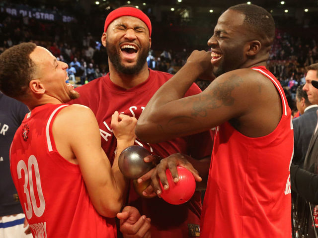 TORONTO, CANADA - FEBRUARY 14: Stephen Curry #30, DeMarcus Cousins #15 and Draymond Green #23 of the Western Conference smile and laugh together after the NBA All-Star Game as part of the 2016 NBA All-Star Weekend on February 14, 2016 at Air Canada Centre in Toronto, Ontario, Canada. NOTE TO USER: User expressly acknowledges and agrees that, by downloading and/or using this photograph, user is consenting to the terms and conditions of the Getty Images License Agreement. Mandatory. Copyright 2016 NBAE