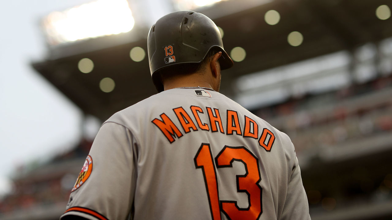 WASHINGTON, DC - JUNE 21: Manny Machado #13 of the Baltimore Orioles waits to bat against the Washington Nationals at Nationals Park on June 21, 2018 in Washington, DC.
