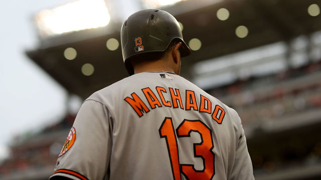 WASHINGTON, DC - JUNE 21: Manny Machado #13 of the Baltimore Orioles waits to bat against the Washington Nationals at Nationals Park on June 21, 2018 in Washington, DC.