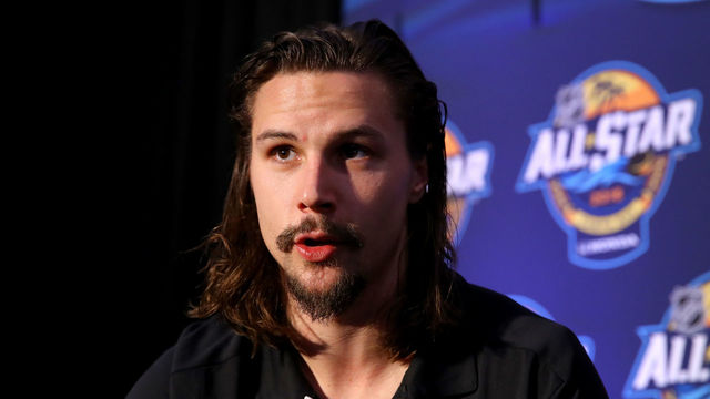 TAMPA, FL - JANUARY 27: Erik Karlsson #65 of the Ottawa Senators addresses the media during Media Day for the 2018 NHL All-Star at the Grand Hyatt Hotel on January 27, 2018 in Tampa, Florida.