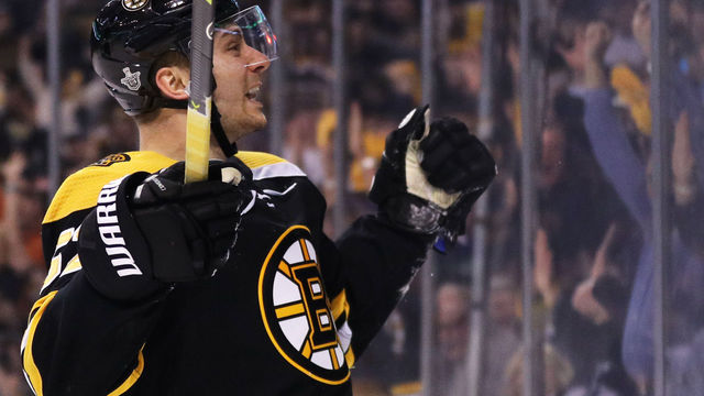 BOSTON, MA - APRIL 12: Sean Kuraly #52 of the Boston Bruins celebrates after scoring a goal against the Toronto Maple Leafs during the third period of Game One of the Eastern Conference First Round during the 2018 NHL Stanley Cup Playoffs at TD Garden on April 12, 2018 in Boston, Massachusetts. The Bruins defeat the Leafs 5-1.